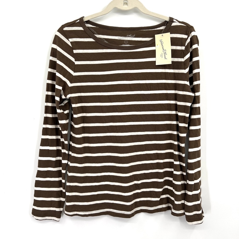 NEW nautical long sleeve boat neck t-shirt brown white stripe coastal preppy S